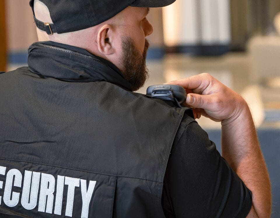 A security employee communicating using a Relay