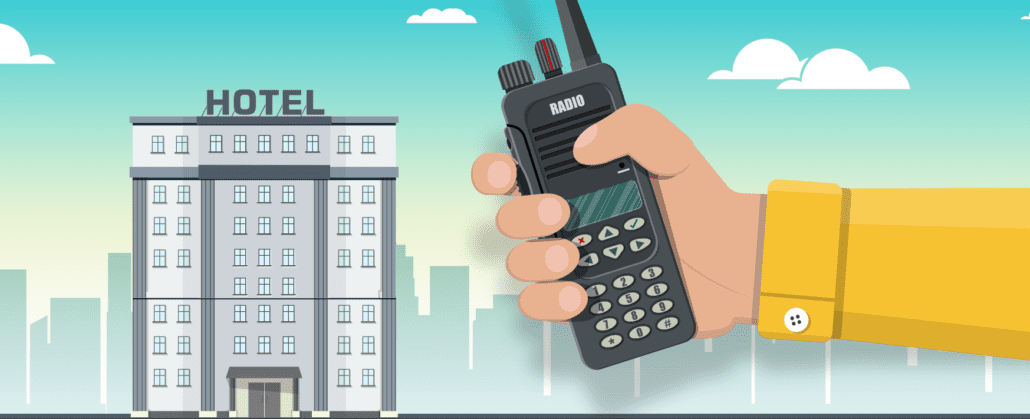 An illustration of someone holding a radio in front of a hotel.
