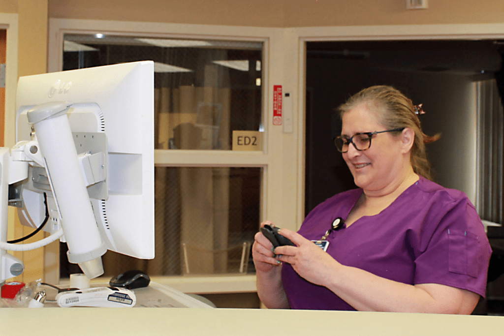 A hospital employee using Relay