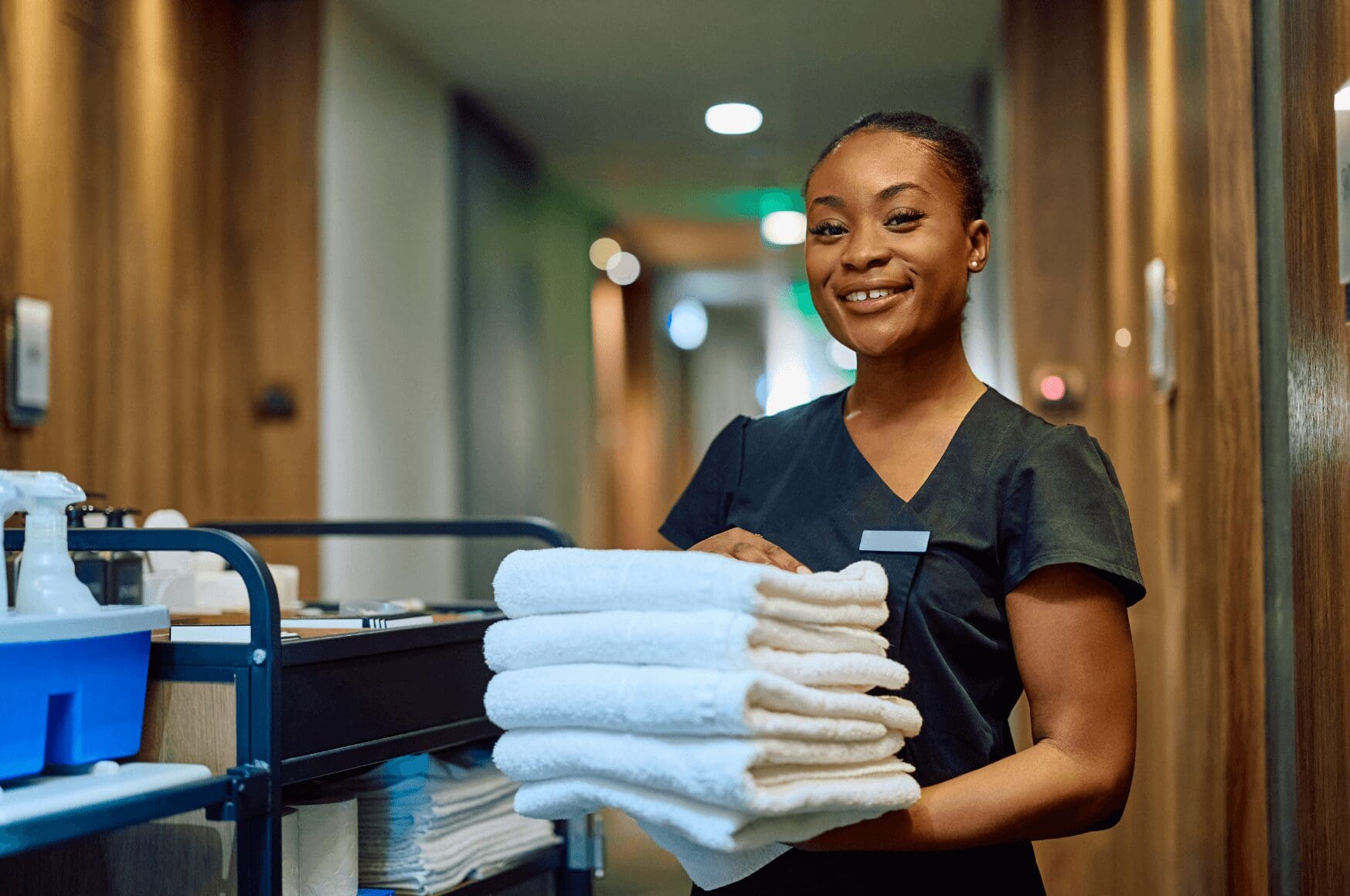 A housekeeper holding towels.