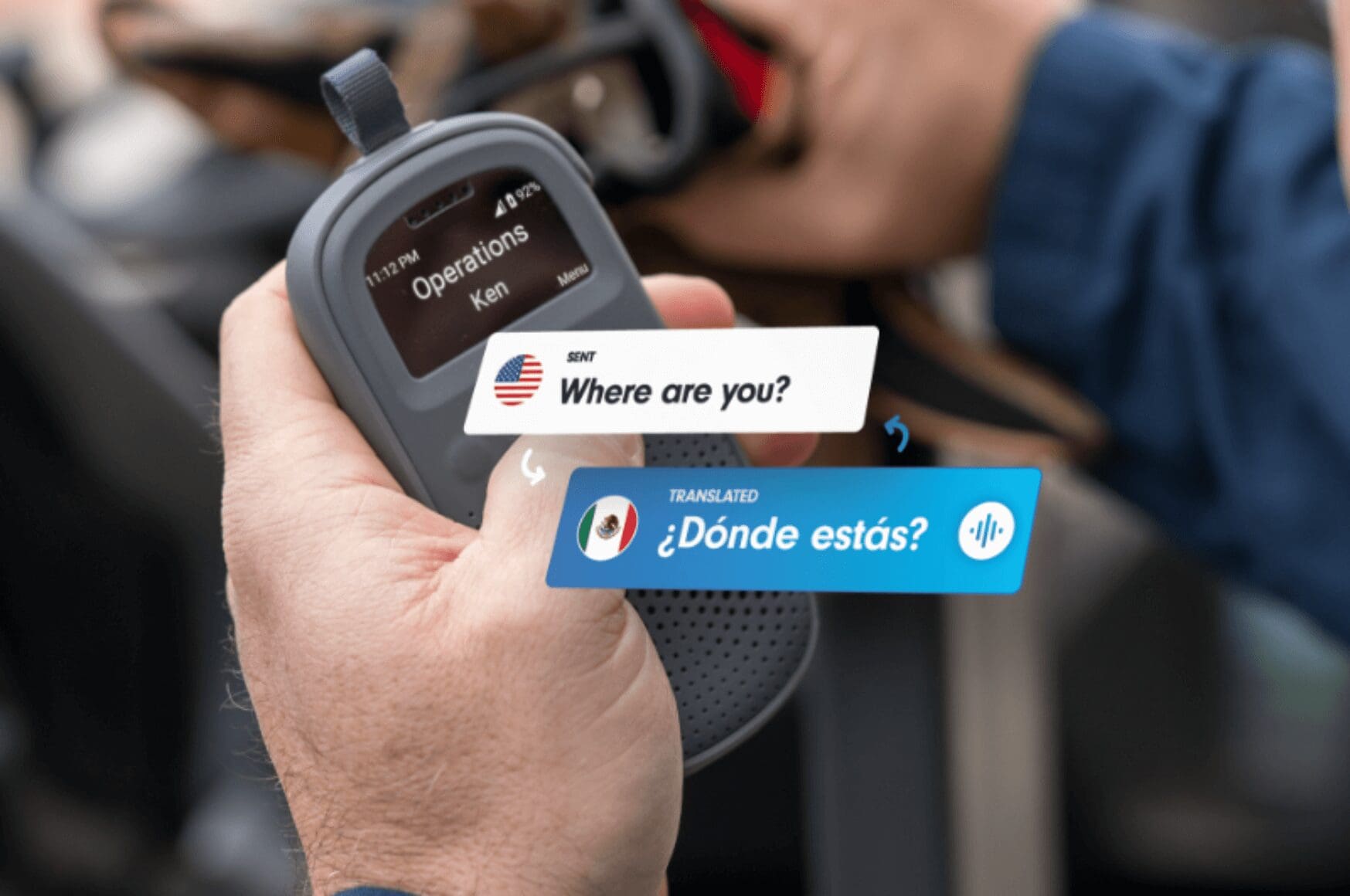 Image showcasing TeamTranslate on a RelayX device with text bubbles
