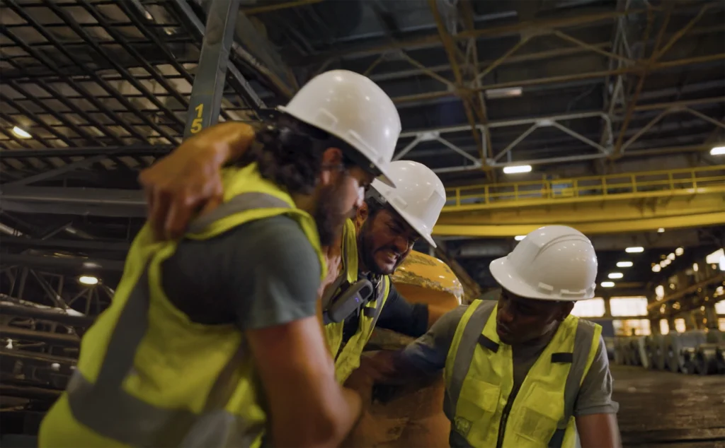 Injured industrial worker being assisted by teammates while wearing a RelayX device for emergency communication and safety.