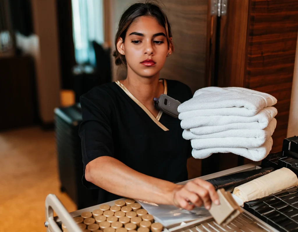 Hotel housekeeper carrying towels with a RelayM device clipped to her uniform for instant panic alerts and communication.