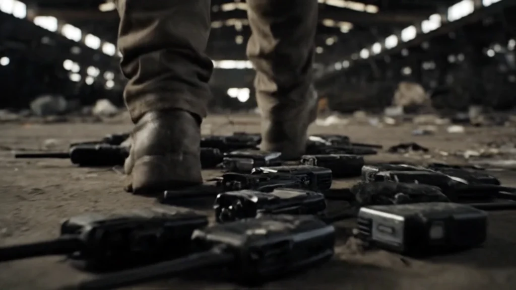Worker’s boots stepping through a floor scattered with broken two-way radios inside an industrial warehouse.