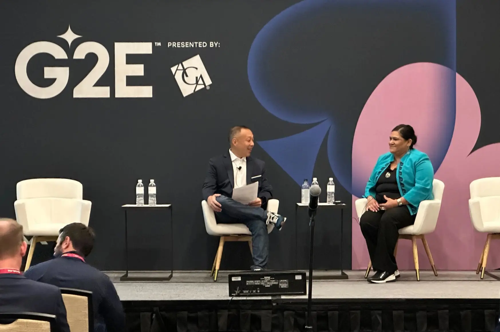 Relay CEO and co-founder Chris Chuang interviewing Gila River CIO Robin Villareal at G2E