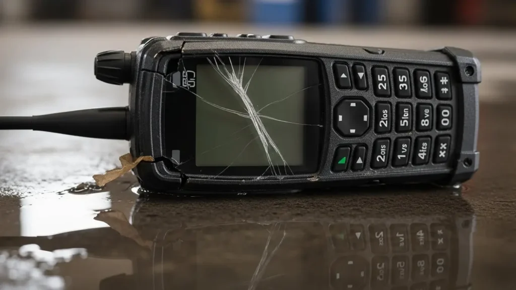 Close-up of a broken two-way radio lying in a puddle of water with a severely cracked screen and casing.