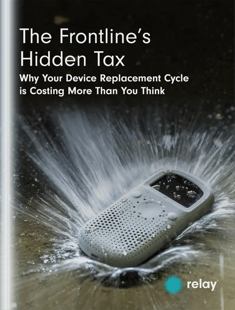 Cover image for "The Frontline's Hidden Tax" report, showing a rugged communication device being splashed with water.