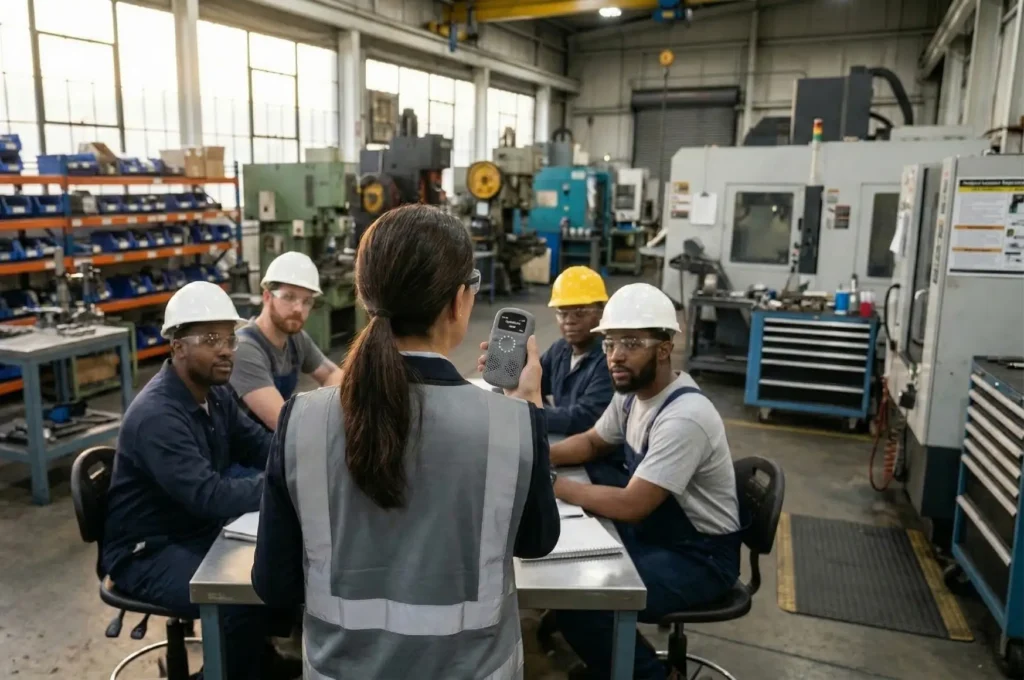 Woman wearing safety vest leading team meeting using RelayX for translation in industrial environment.