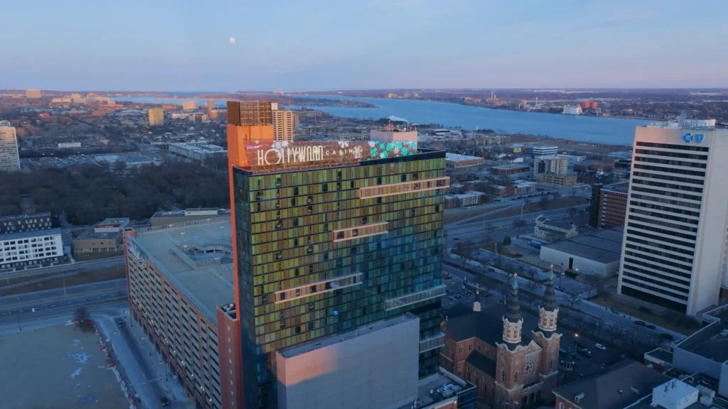Drone shot of Hollywood Casino Greektown in Detroit