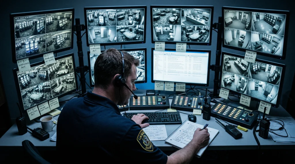 An overwhelmed casino surveillance office trying to take down paper notes and hand written logs.