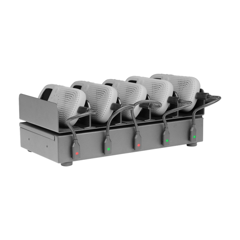 Front view of the 5 port charger with devices in charging ports