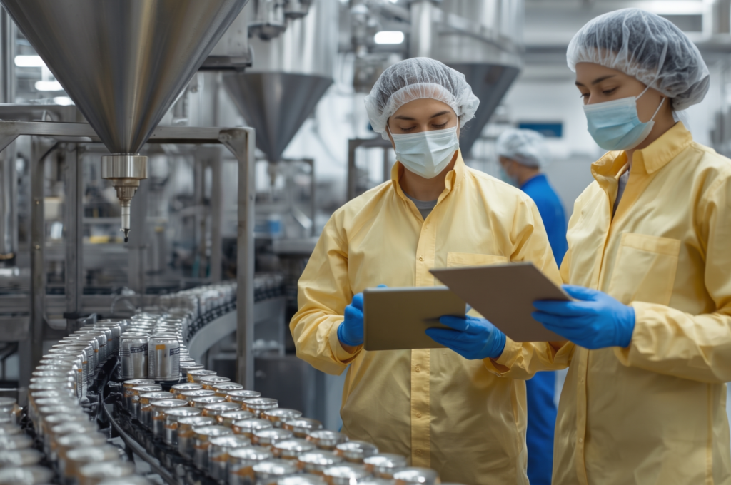 Two workers in PPE on a food production floor.