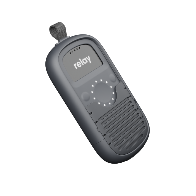 Front view of the RelayX Modular Case fitted with a Relay device, displaying the screen logo, center button ring, and speaker openings.