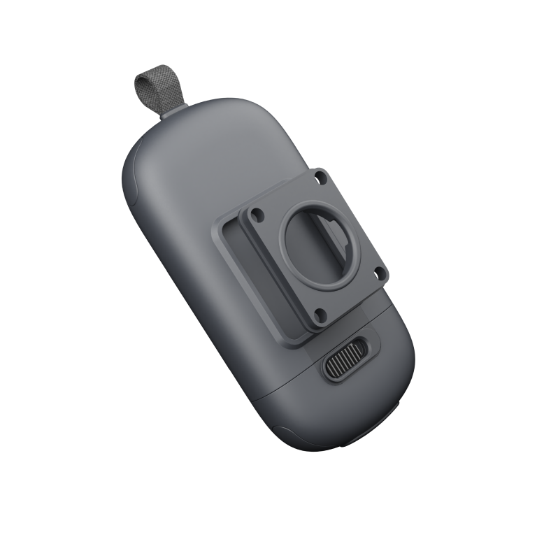 Rear view of the dark gray RelayX Modular Case showing the central square adapter plate with four corner screw holes and a bottom release latch.