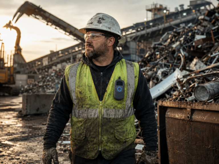 Relay device mounted securely on a high-visibility safety vest