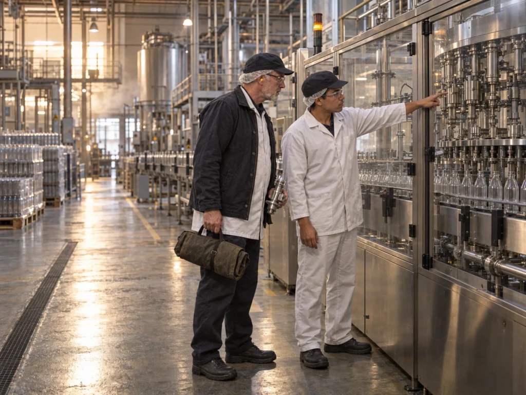 Two plant workers in hairnets and work jackets talking on a food and beverage production floor near processing equipment