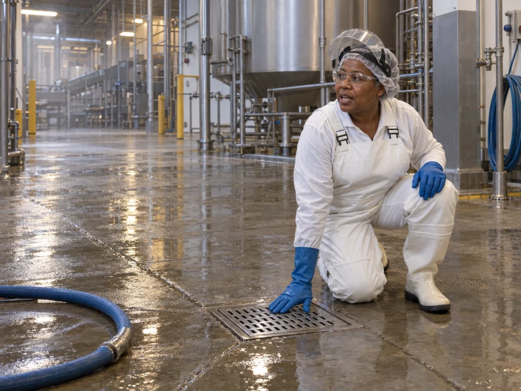 Worker kneeling at floor drain during sanitation check at a beverage manufacturing facility