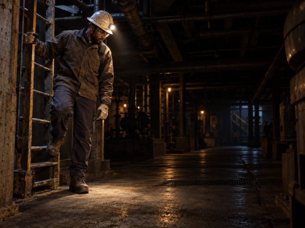 Steel manufacturing crew member standing alone in a dark basement space