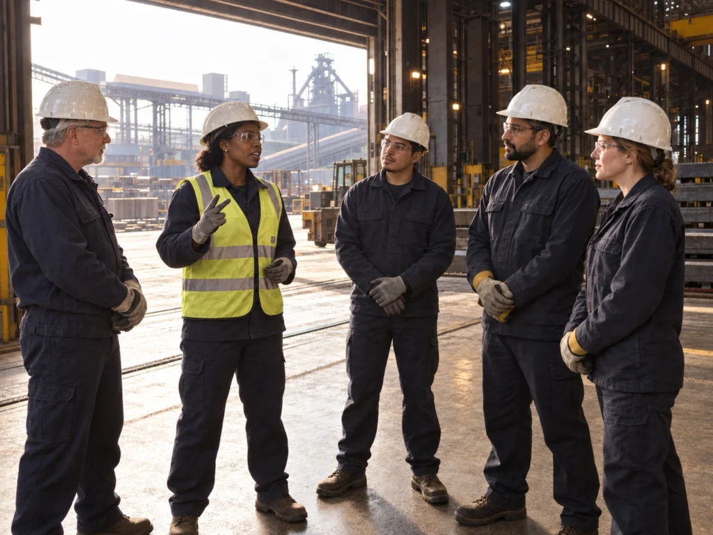 Metal manufacturing workers in a group on the production floor