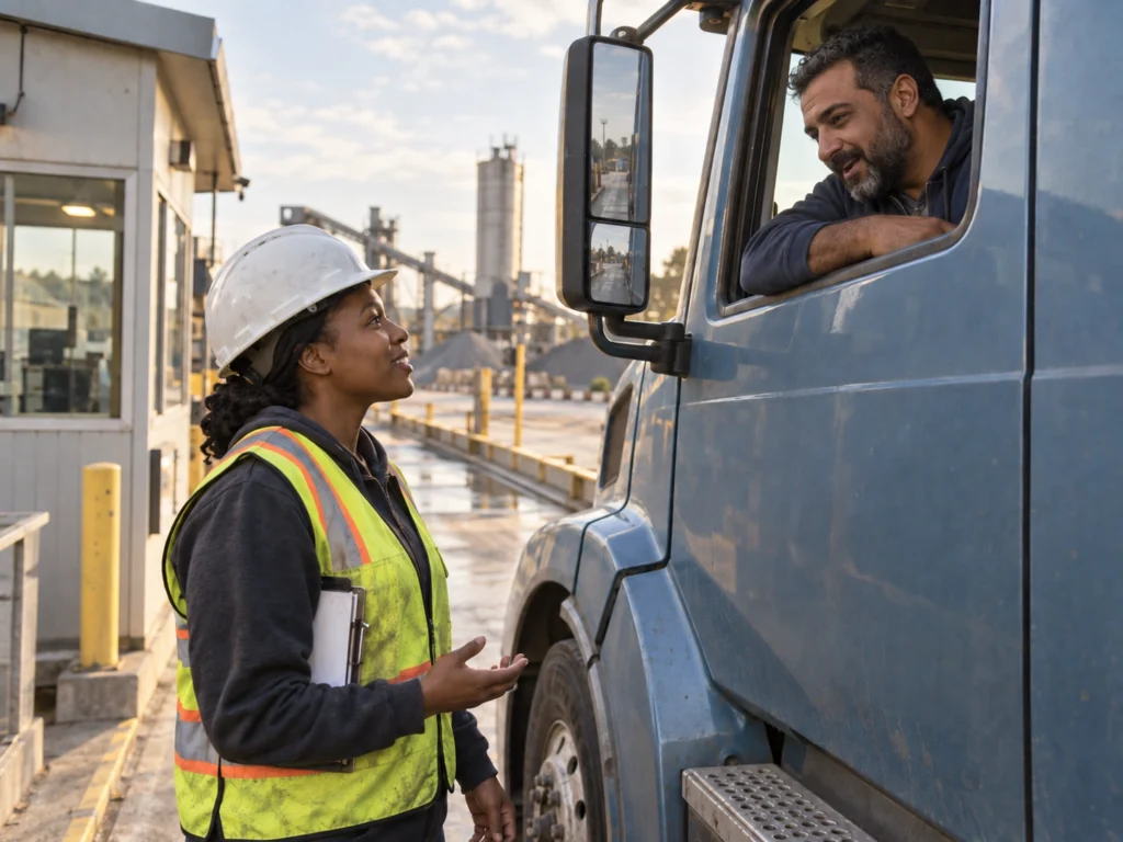Metal worker communicating with a multilingual truck driver outside a metal manufacturing plant