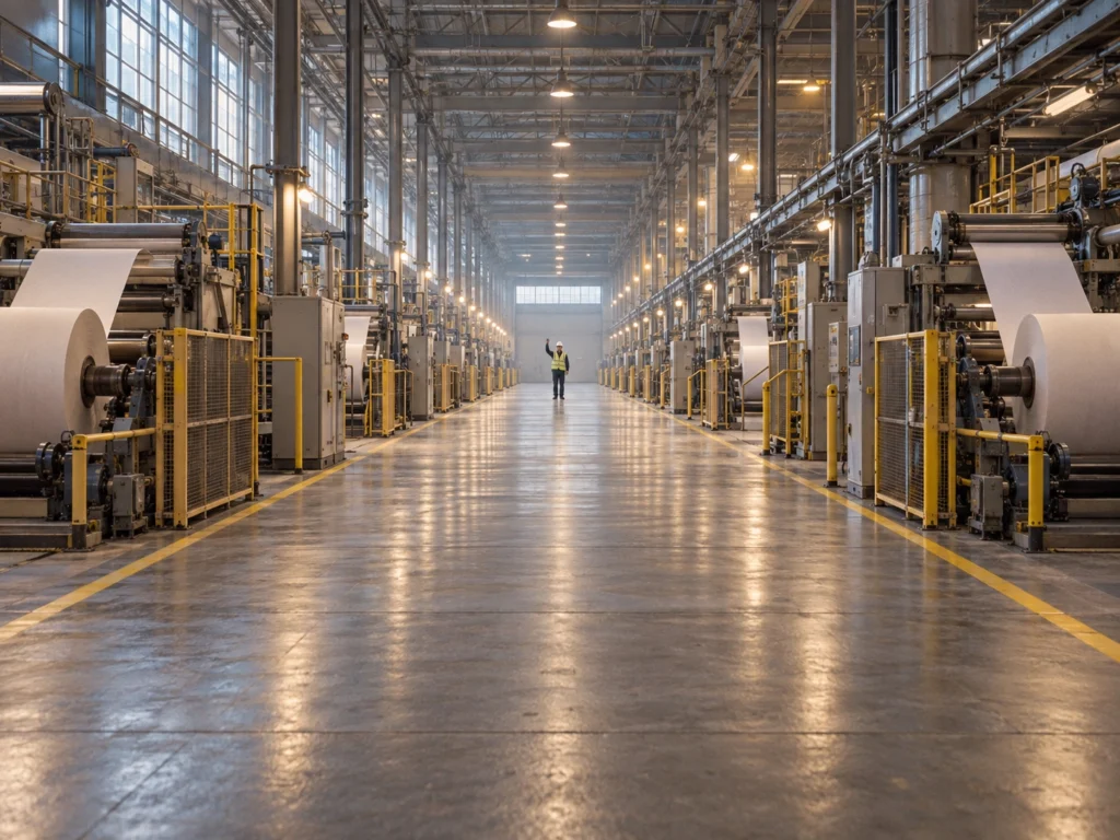 Paper mill crew member walking through large warehouse