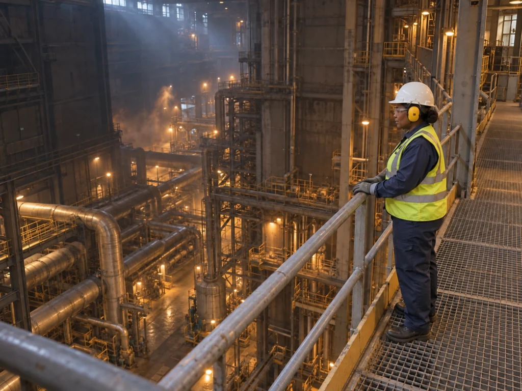 Female worker looking out over a loud production floor alone