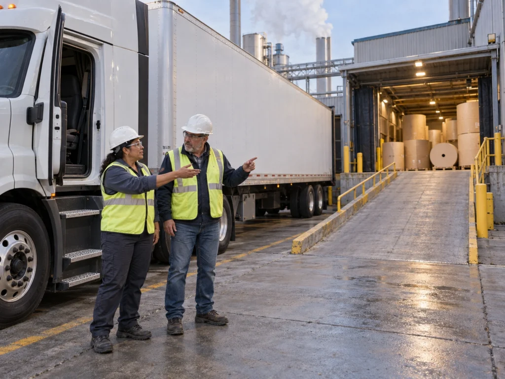 Two paper mill workers communicating outside a paper manufacturing plant and by the truck