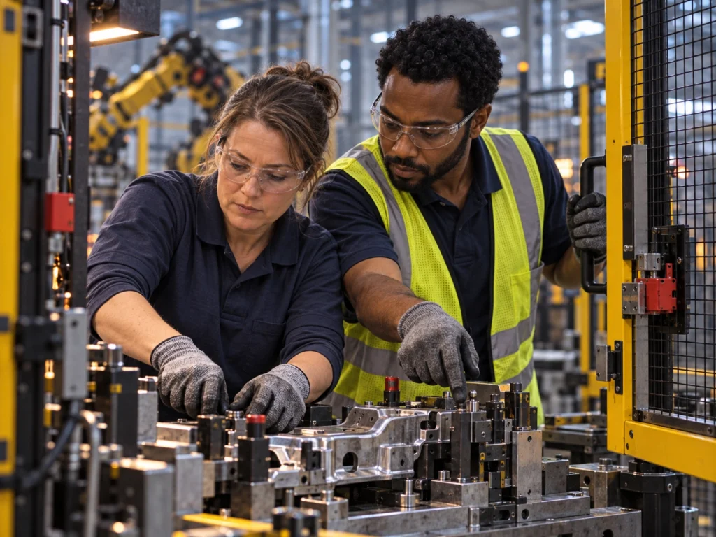 Two automotive workers repairing parts together while communicating about issues