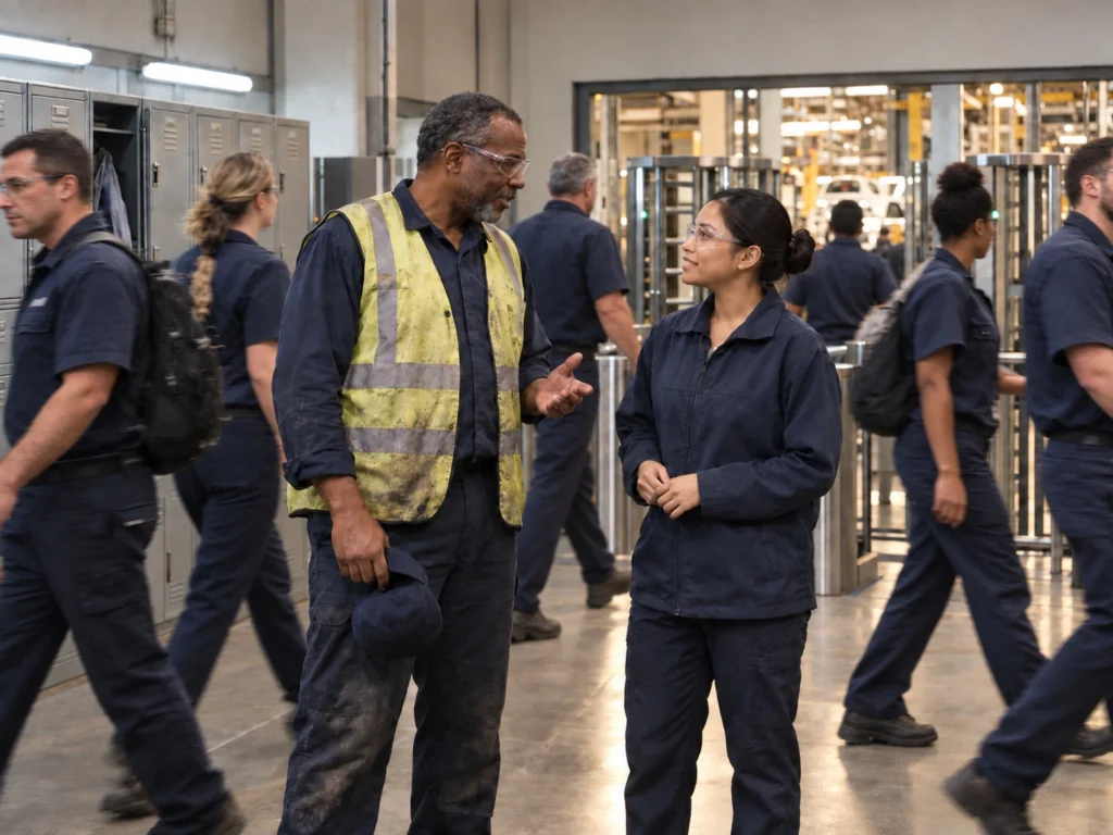 Team members talking in before leaving their shift as others pass by them to start their shift
