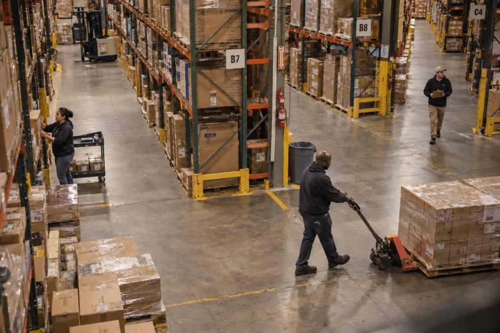 Overhead view of logistics workers moving boxes in a warehouse environment