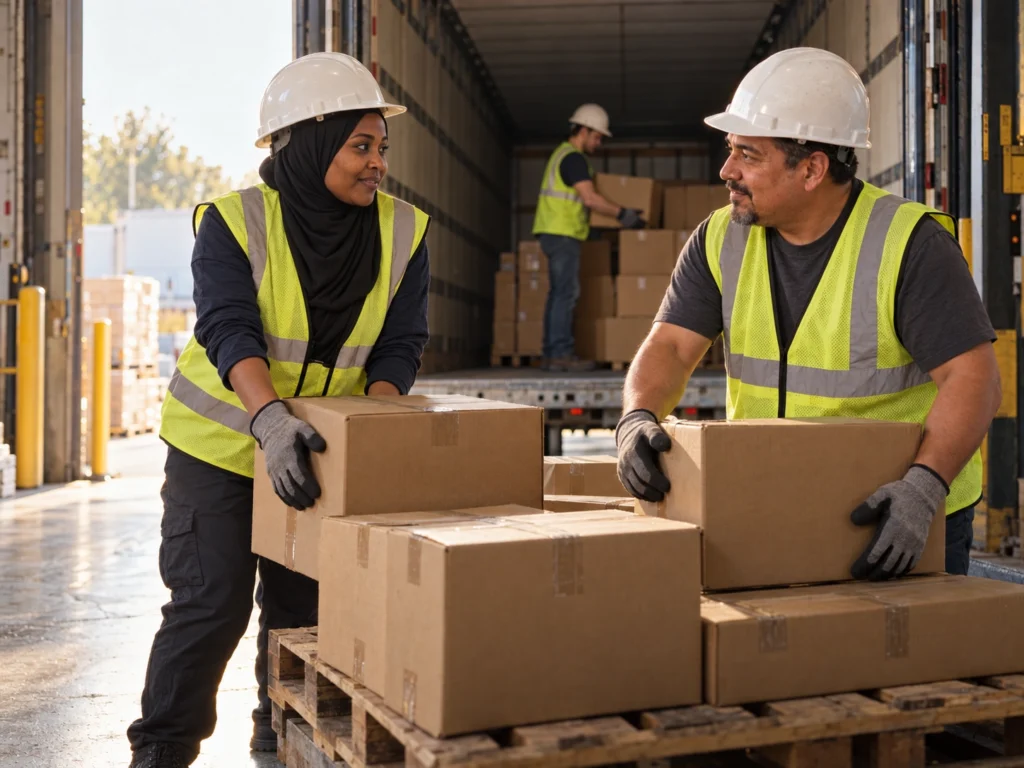 Two warehouse workers moving boxes and communicating in different languages