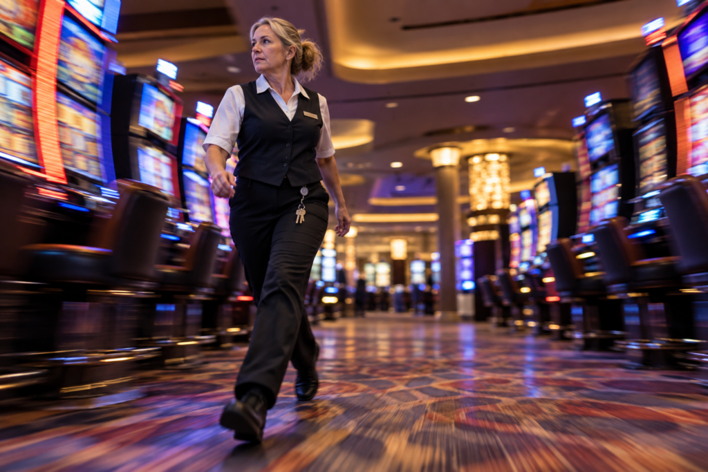 Casino operations staff walking quickly to respond to alert across a busy gaming floor