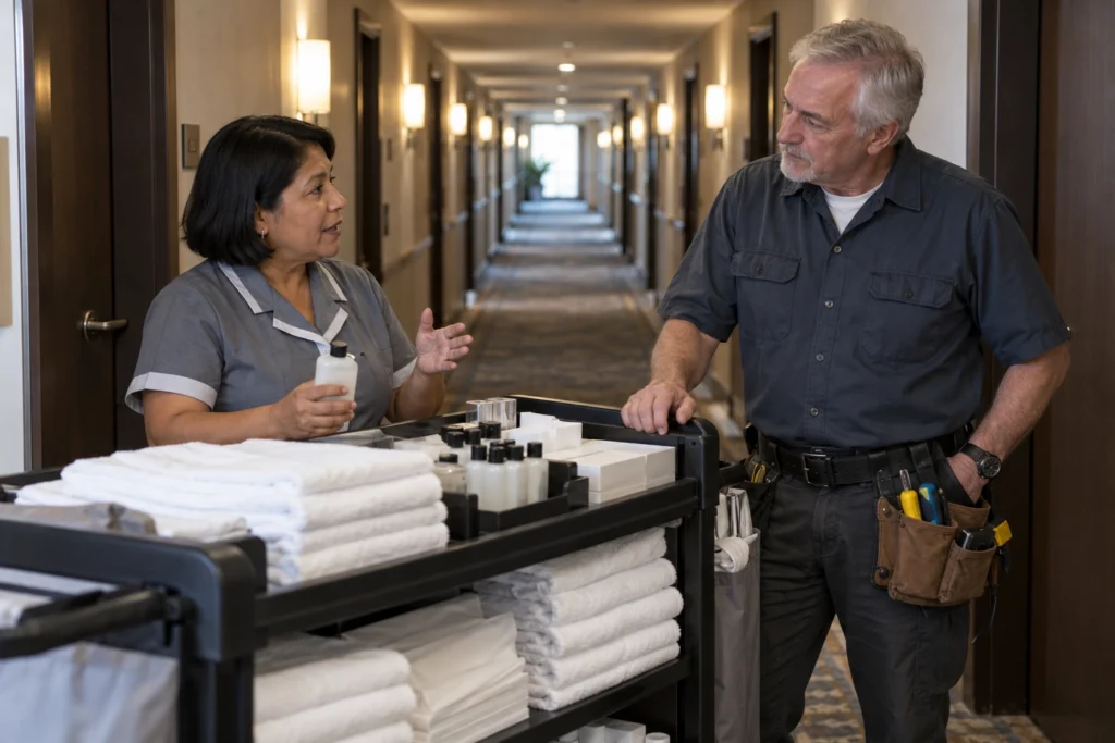 Hotel team members communicating over a towel cart without Relay