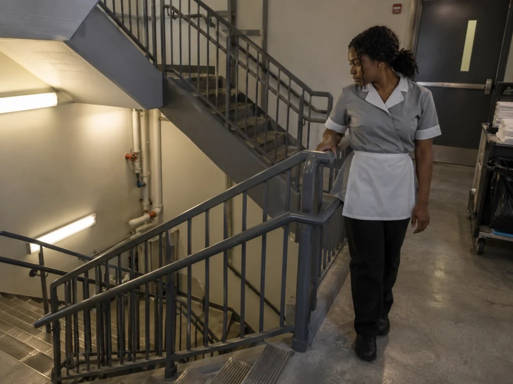 Hotel cleaning staff member alone in a stairwell