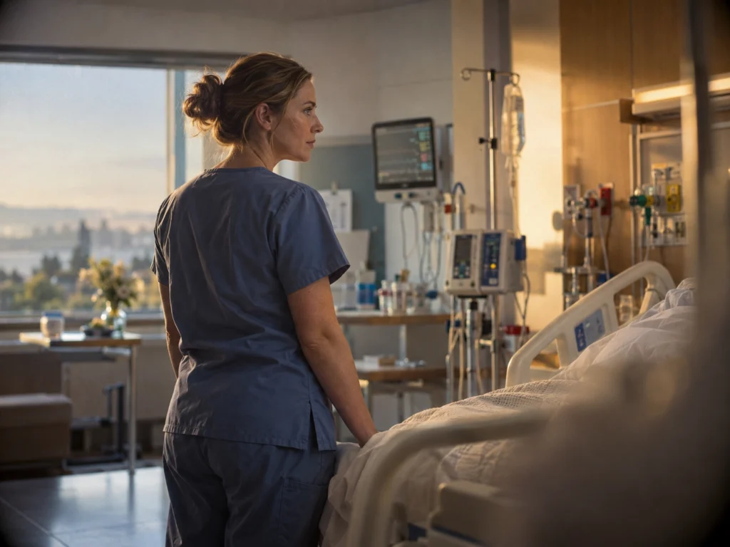 Nurse in a hospital room far away from panic, communication solutions