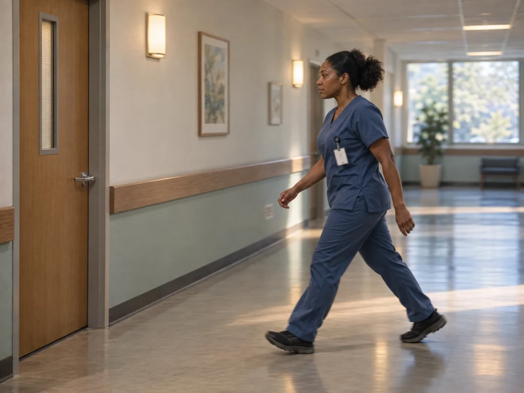 Nurse moving towards the right room location responding to a panic alert