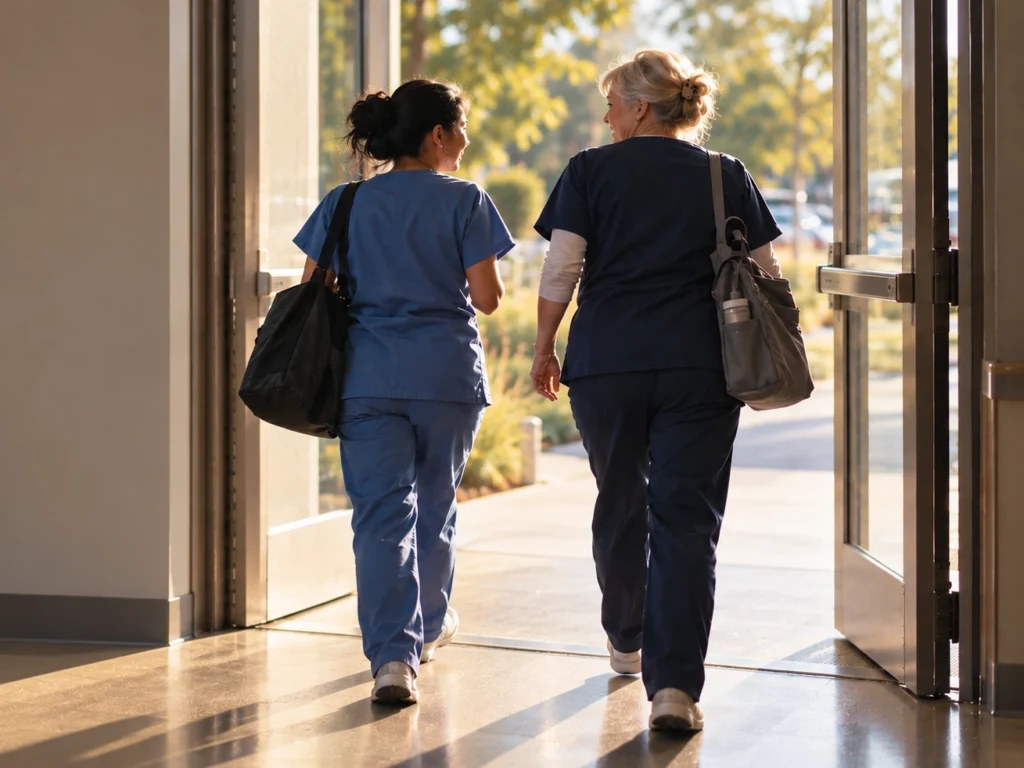 Two healthcare workers ending their shift and leaving the facility