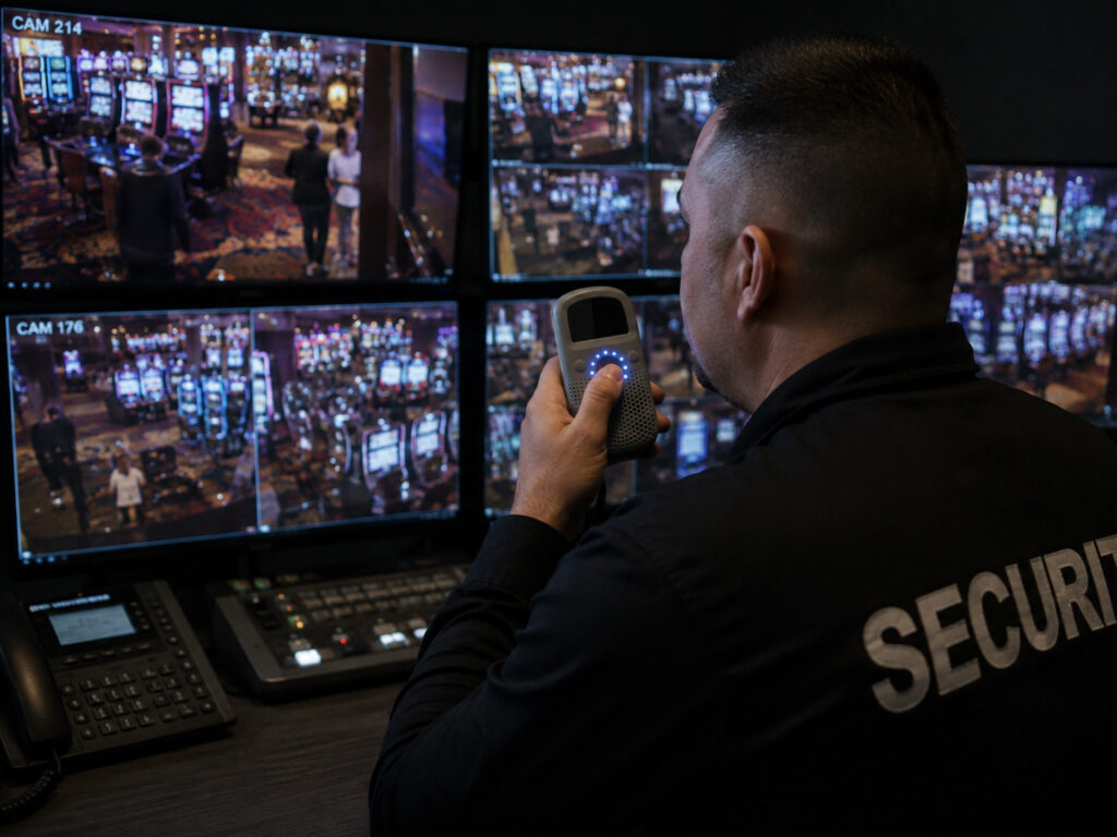 Casino security and operations staff coordinating in real time using Relay across the gaming floor