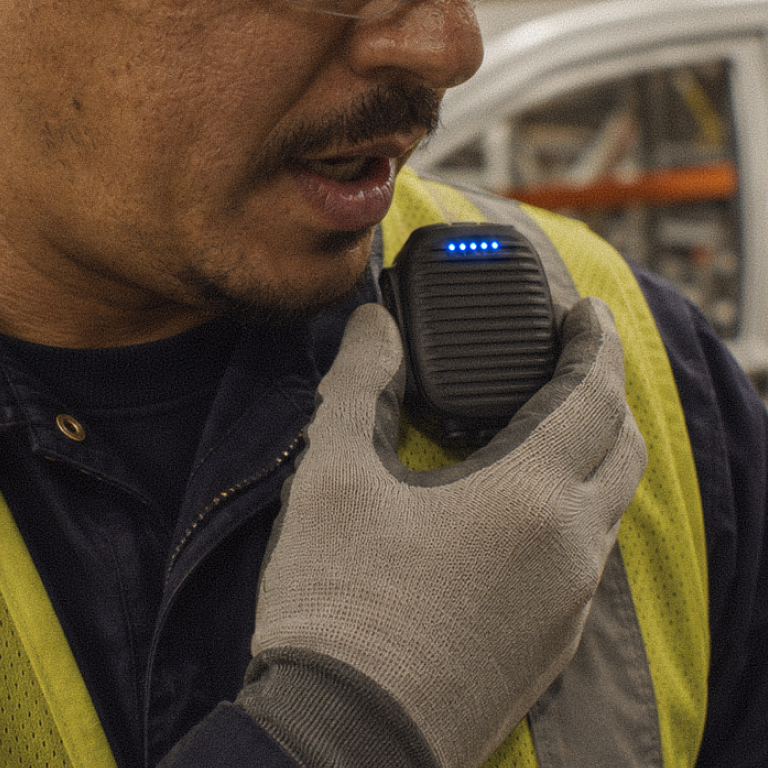 An industrial worker, pressing the talk button on the RSM Pro, and speaking into it