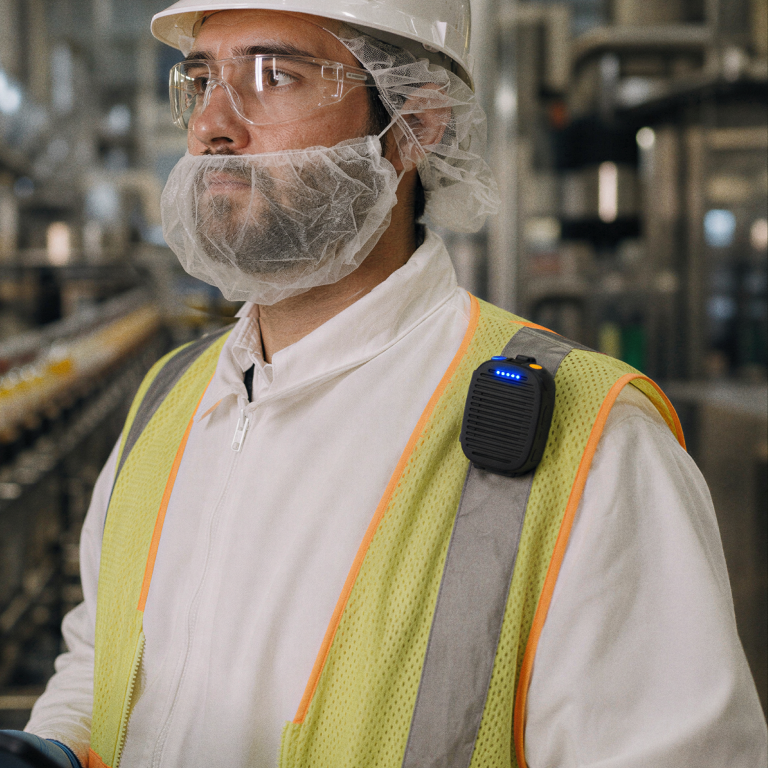 An industrial worker wearing the RSM pro on his safety vest