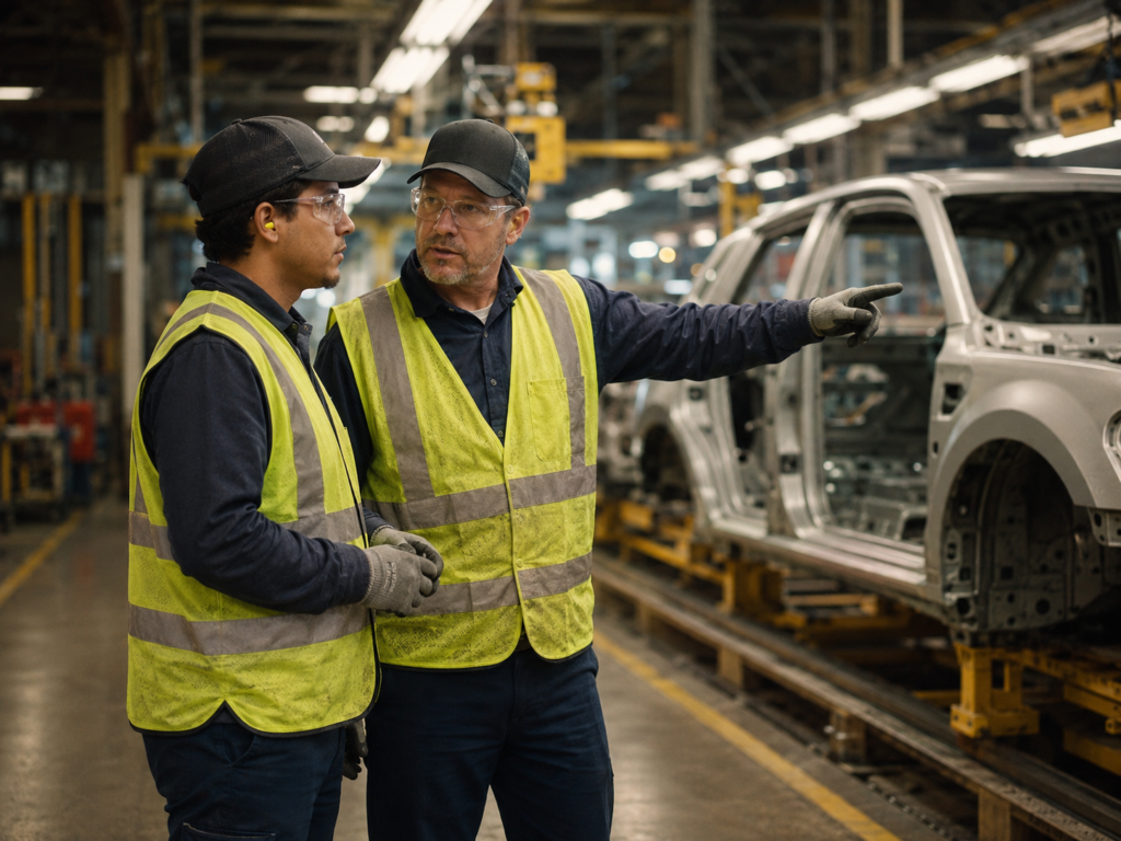 Two automotive repair workers communicating at the line