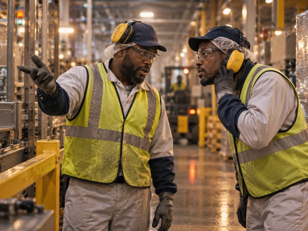 Two workers communicating on a loud manufacturing floor with one removing his headphones to hear better