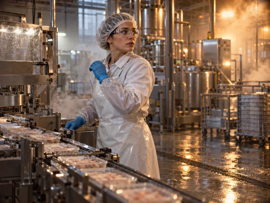 Food manufacturing worker listening for communications on a loud manufacturing floor