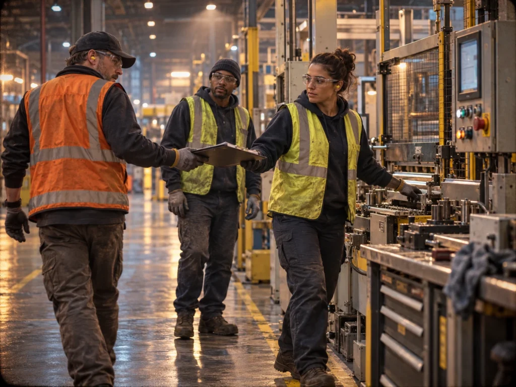 Two workers handing off a clip board for shift hand off notes on a manufacturing floor