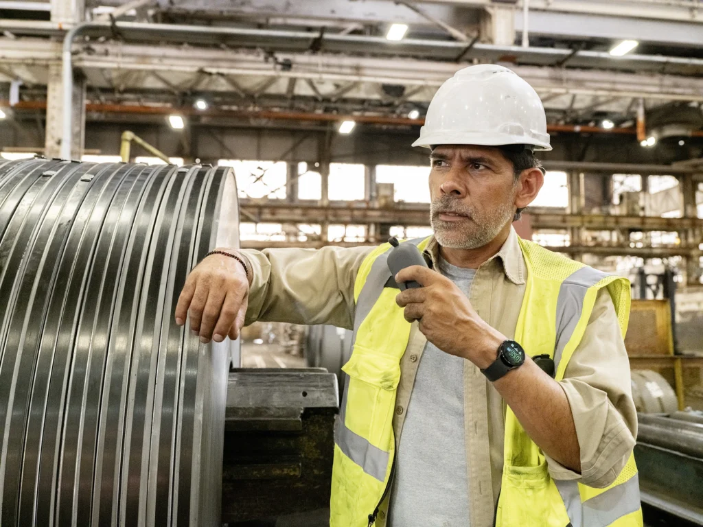 Operator in helmet and vest communicating alert to team through Relay in a steel plant