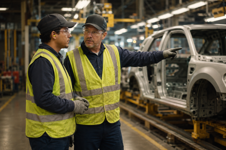 Two manufacturing workers in safety vests and glasses talk on an auto assembly line while one points toward a vehicle frame.